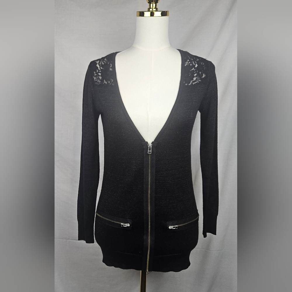 XOXO Women's Black‎ Sparkly Lace Zip Up Sweater Size Small Fairygoth Whimsigoth